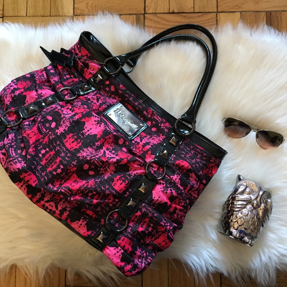 Betsey Johnson Pink and Black Skull Print Tote Bag